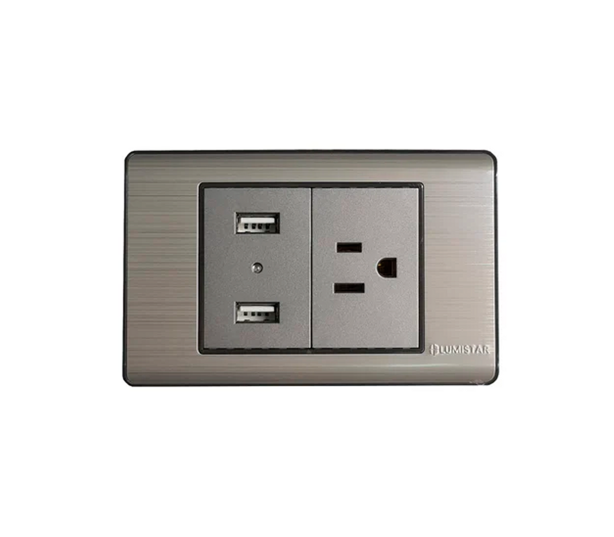 Toma doble con tierra y puerto USB para empotrar plata Lumistar