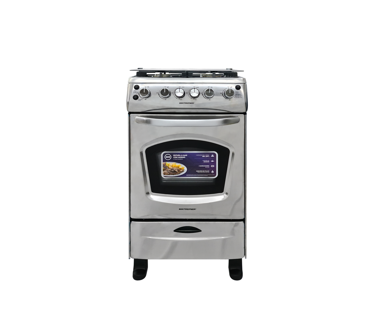 Cocina a gas 20" de piso 4 hornillas con horno acero inoxidable Premier