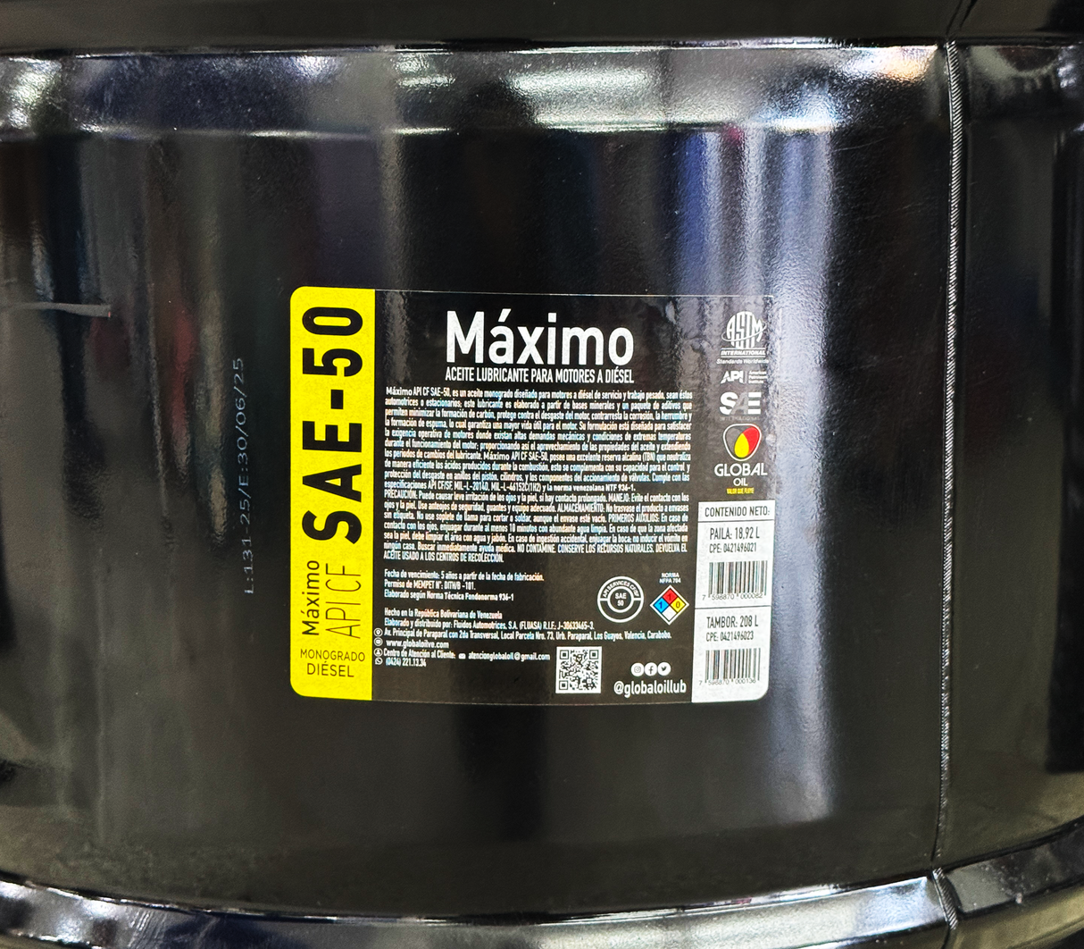 Aceite máximo CF/SF SAE-50 tambor Global Oil