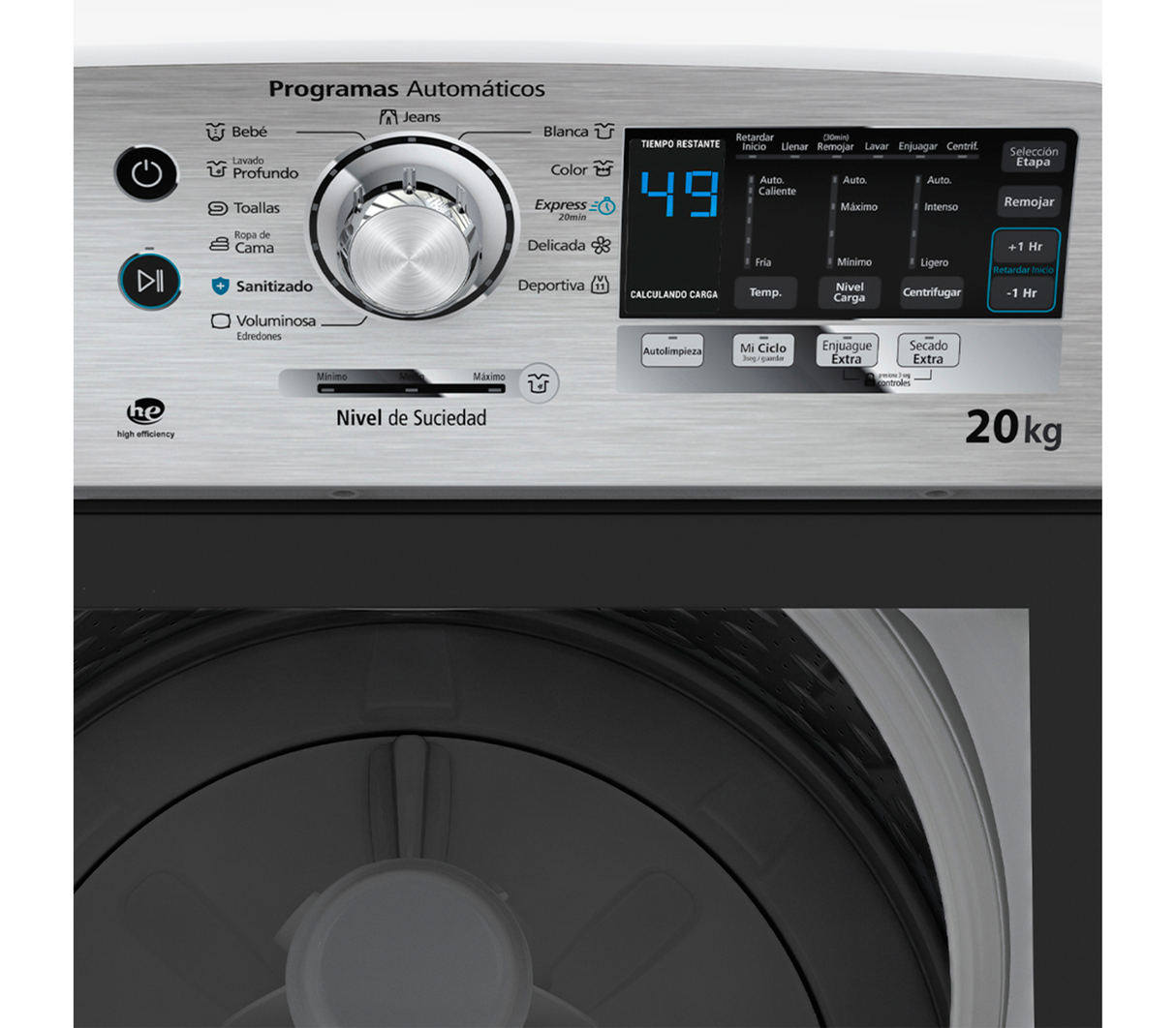 Lavadora automática 20 kg panel de perilla + display diamond gray Mabe