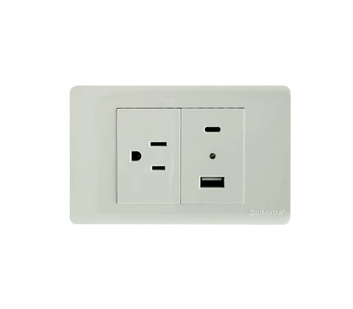 Toma doble con tierra y puerto USB para empotrar blanca Lumistar