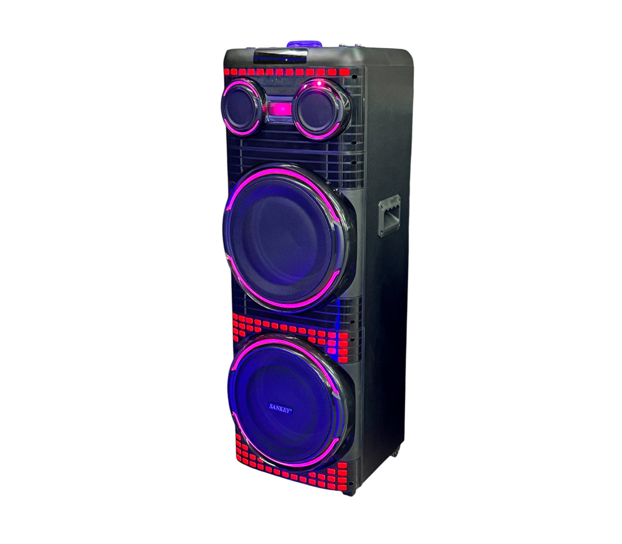 Corneta recargable 12"x2 Subwoofer Karaoke/LED/Amplif cont. micrófono alámbrico 80W Sankey