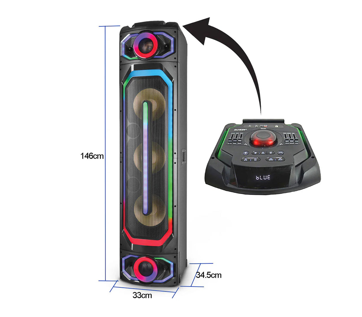 Corneta recargable 10"x3 Subwoofer karaoke/LED/Amplif. cont. y micrófono 100W Sankey