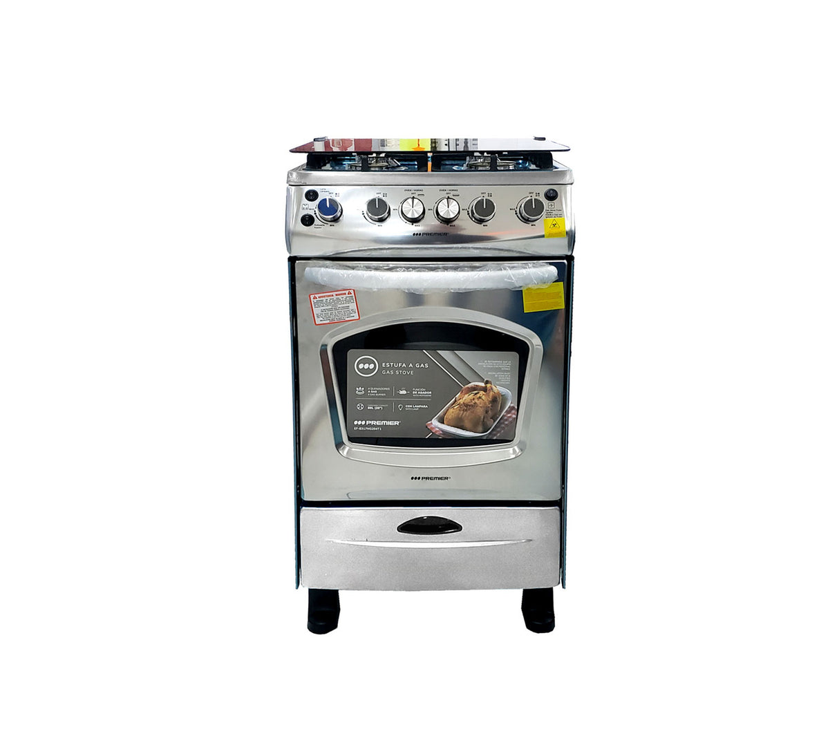 Cocina a gas 20" de piso 4 hornillas con horno acero inoxidable Premier