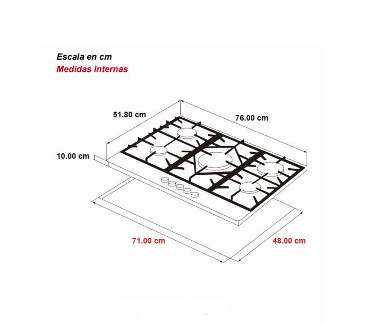 Tope de cocina a gas vitro-acero Ferrara pro 5 hornillas 76cm Drija