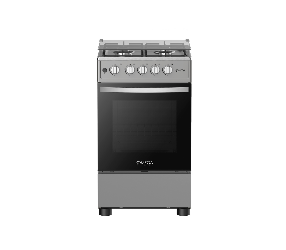 Cocina a gas 4h c/tapa de vidrio encendido elec. Plateada Omega Electronics