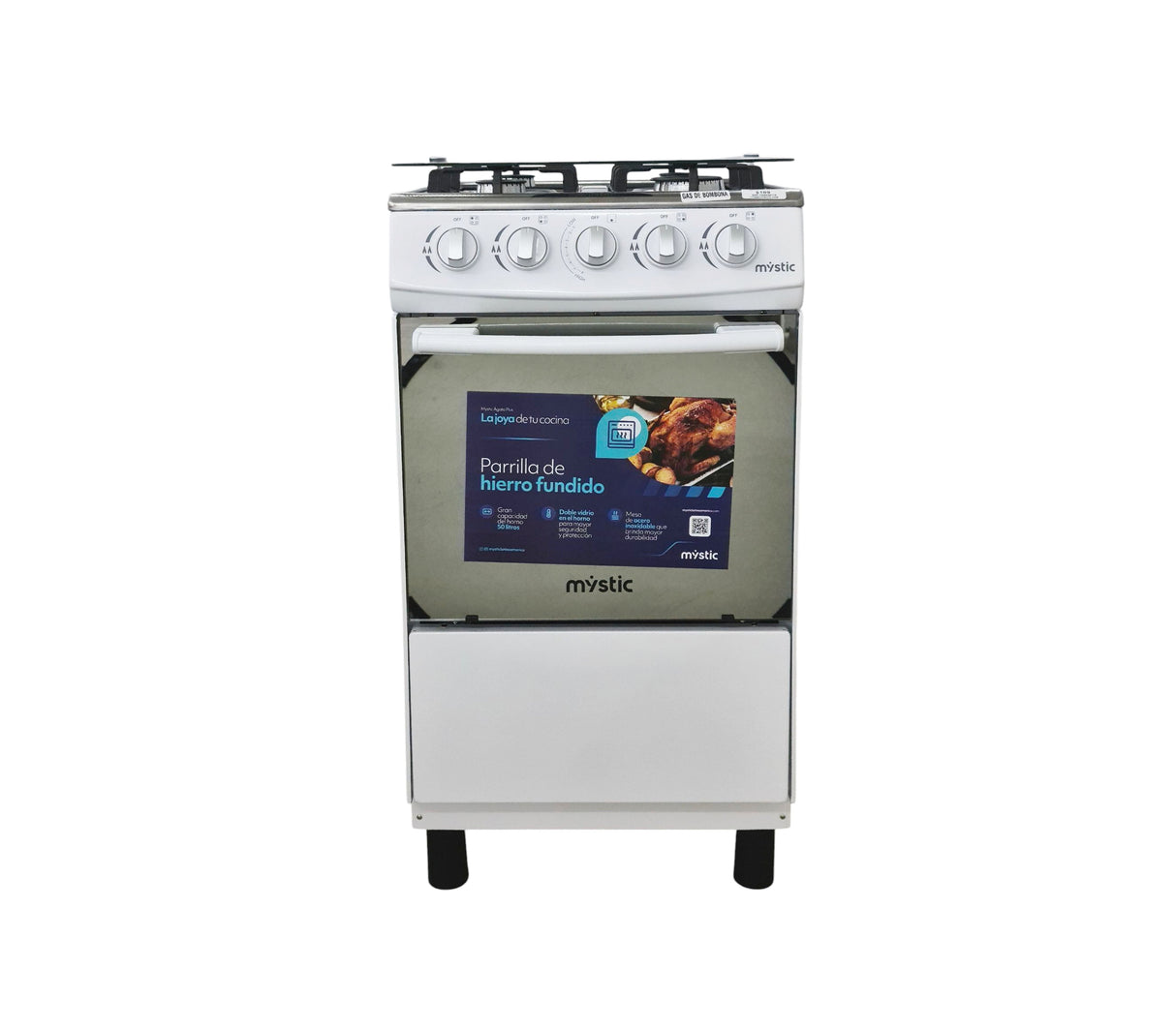 Cocina a gas agata plus 4 hornillas con tapa de vidrio parrilla gruesa blanca Mystic