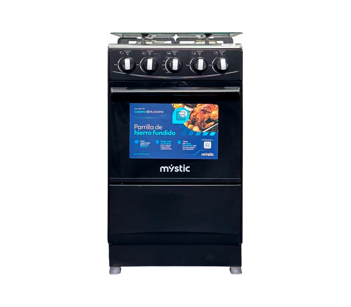 Cocina gas agata plus 4 h c/tapa de vidrio parrilla gruesa negra Mystic