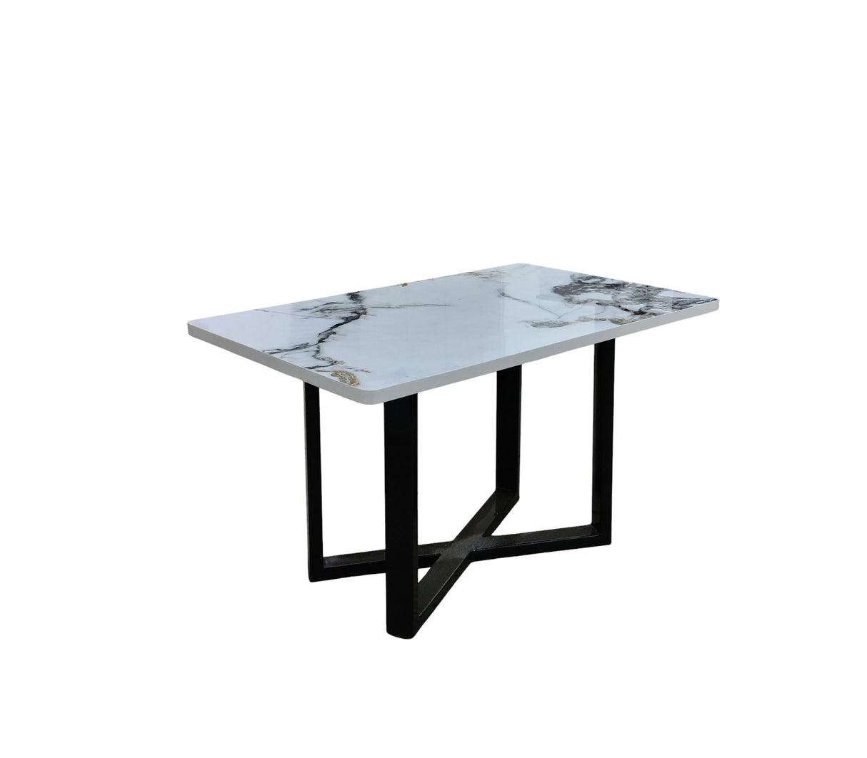 Mesa de centro rectangular en base de metal con tope en PVC marmolizado claro Powerfik