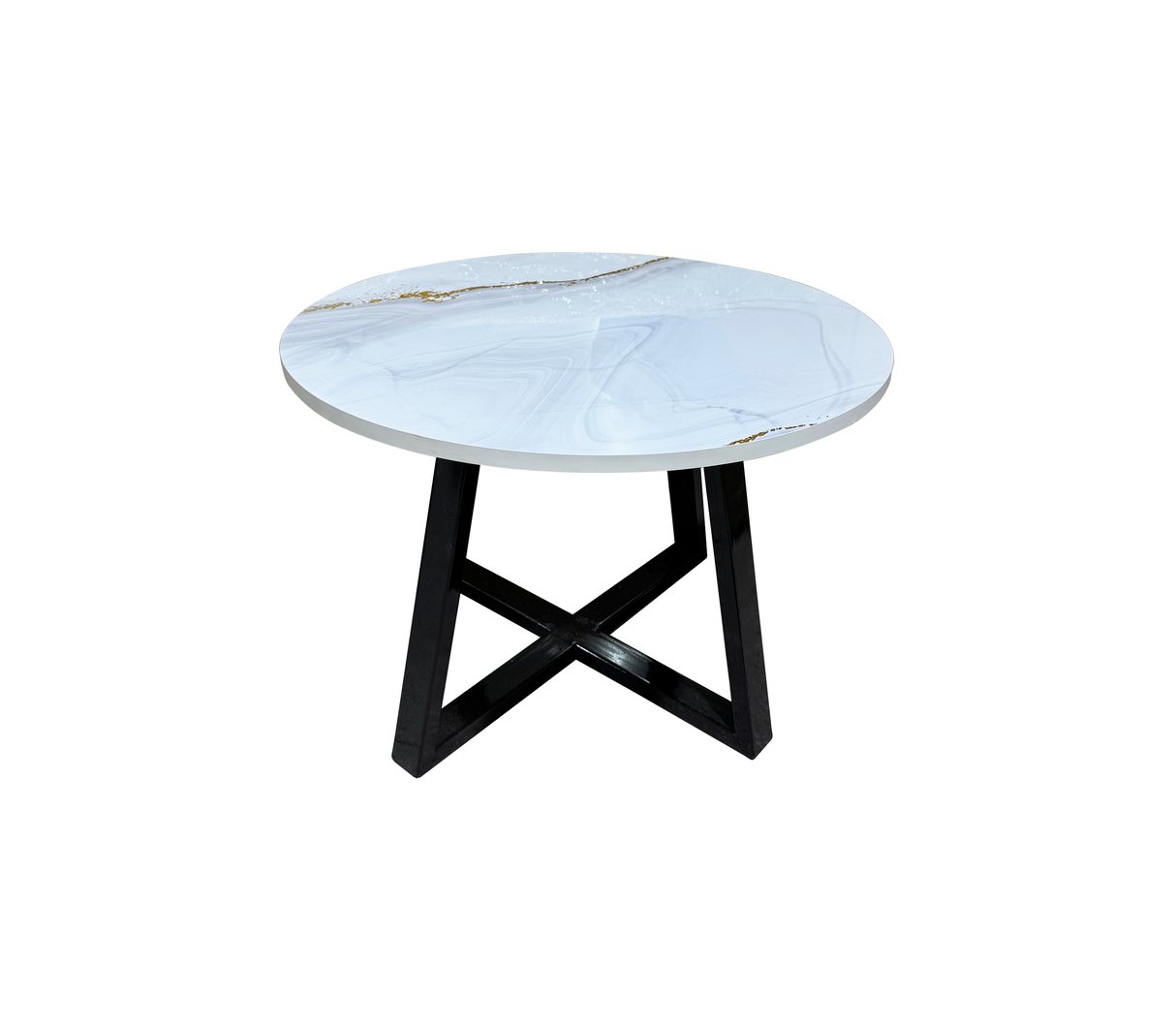 Mesa de centro redonda en base de metal con tope en PVC Marmolizado claro Powerfik