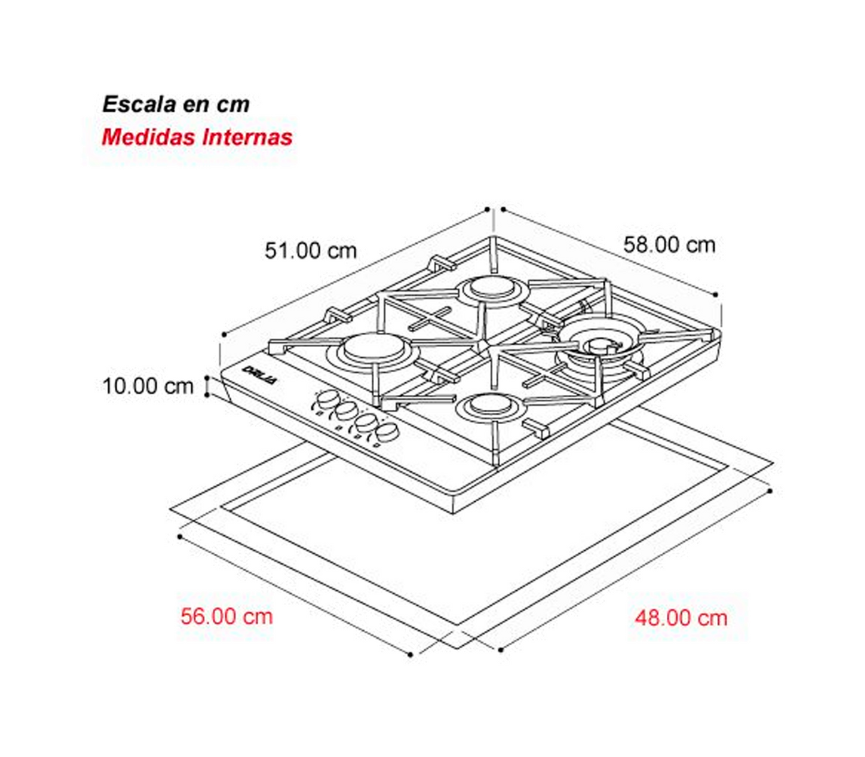 Tope de cocina a gas Milan pro 4h 60cm (24") acero Drija