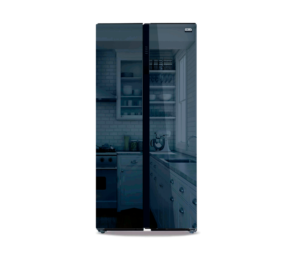 Nevera Side by Side Black 496lt (18pies) 84x183x71cm puerta tipo espejo azul Drija