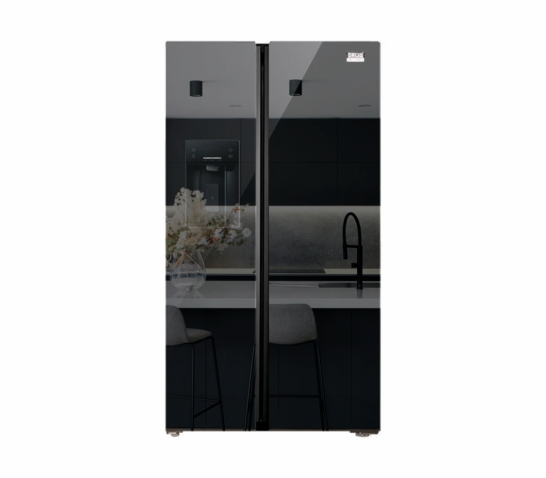 Nevera side by side black con dispensador 566 Lt puerta tipo espejo negra Drija