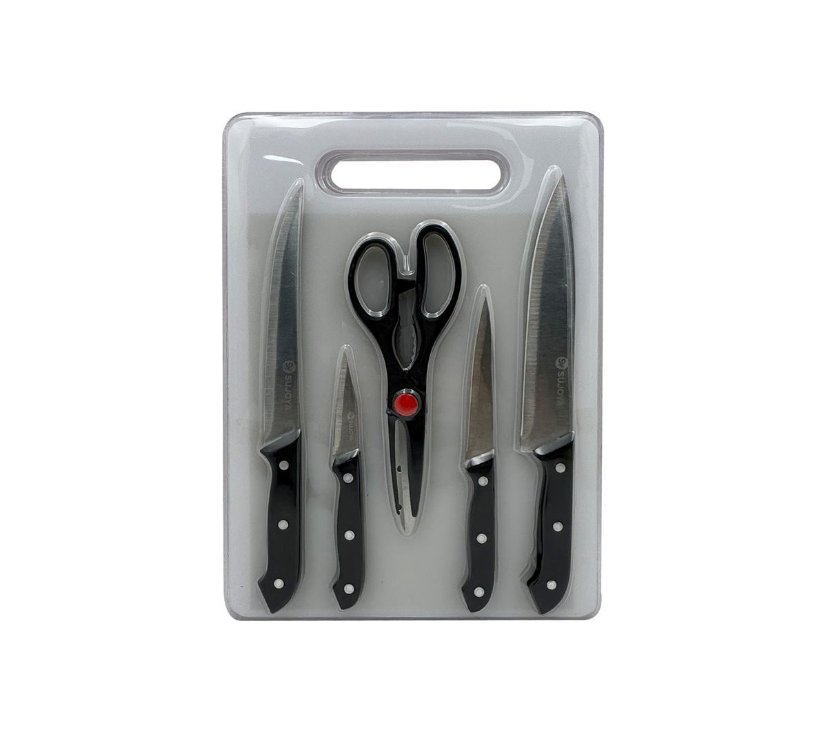 Set de 4 cuchillos + tijera + tabla Sujoya