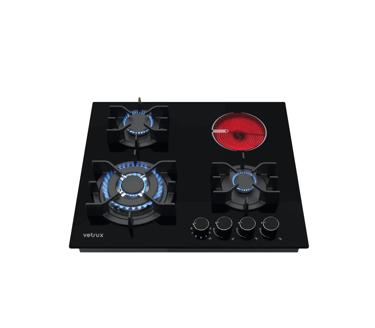 Tope de cocina Dual Gas/Eléctrico 4 hornillas 60cm (24") 220V Negro Flexi Vetrux