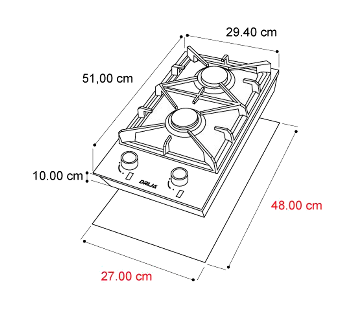 Tope de cocina 2 hornillas 30cm negro Toscana Drija