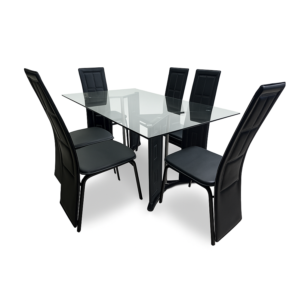 Comedor de 6 puestos con tope de vidrio base bipiel negro JSRI