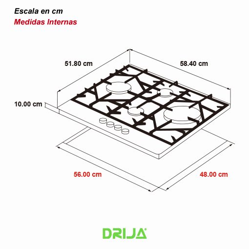 Tope de cocina a gas vitro-acero Ferrara Pro 4 hornillas 60cm Drija