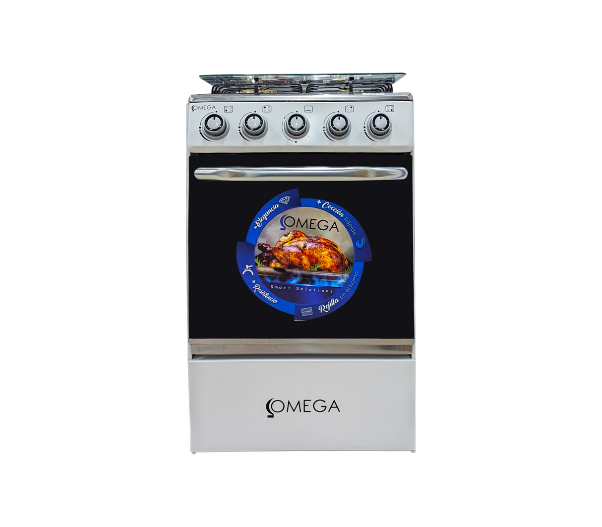 Cocina a gas 4 hornilla c/tapa de vidrio parrilla gruesa blanca Omega Electronics