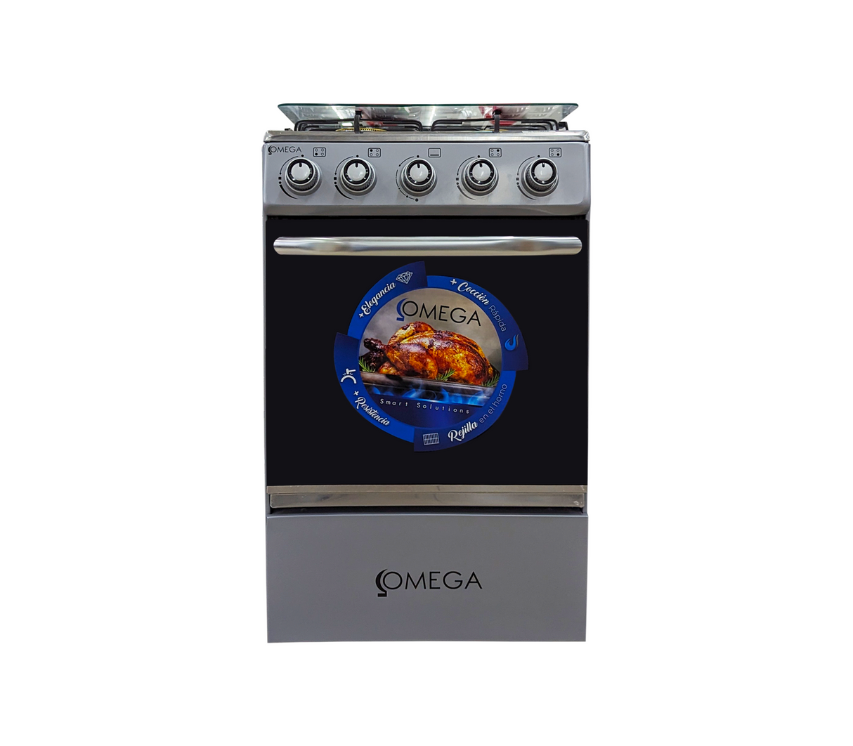 Cocina gas 4 hornillas c/tapa de vidrio parrilla gruesa gris Omega Electronics