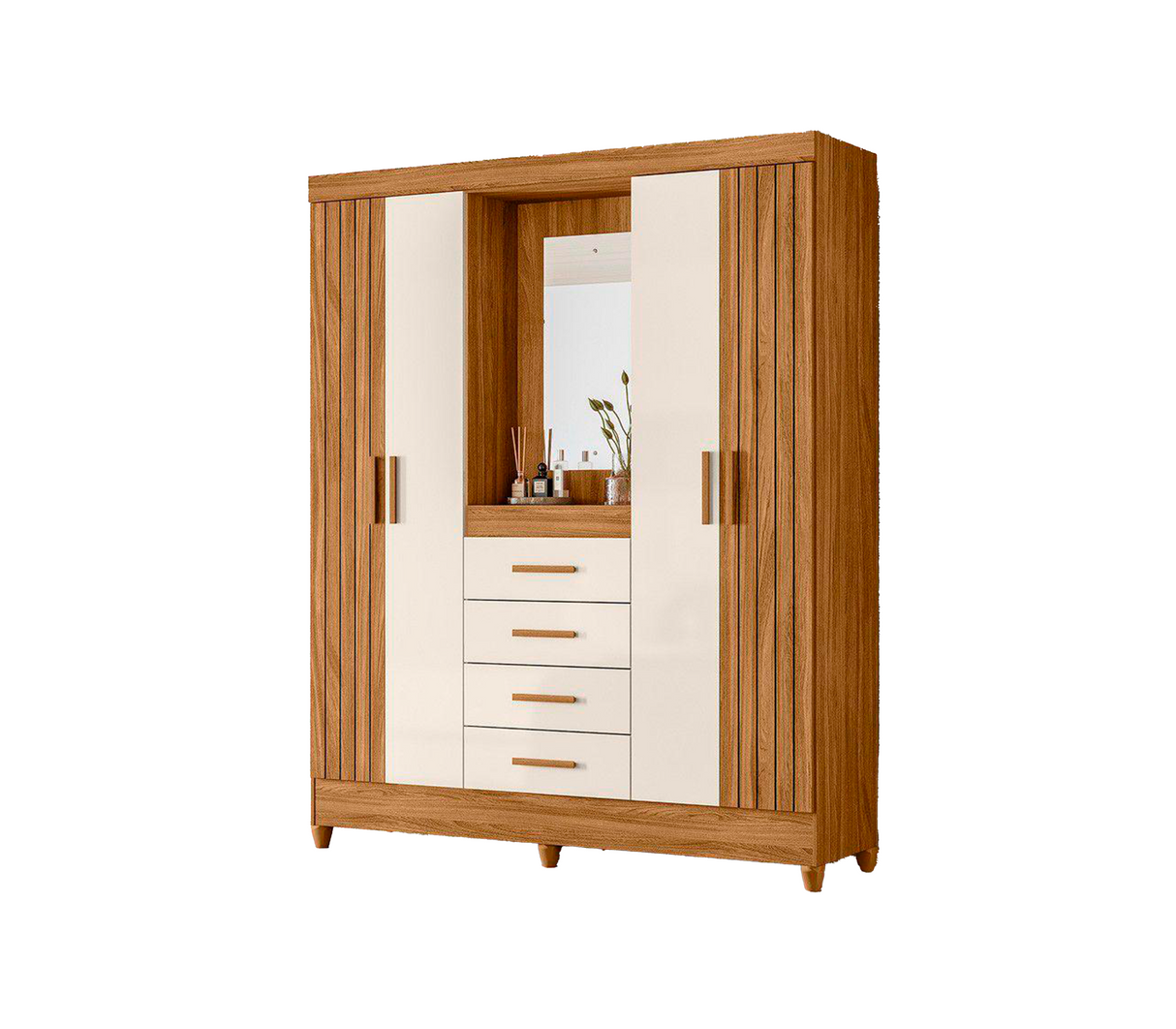 Ropero Atenas 073032.6 4 puertas 4 gavetas con espejo y patas freijo/off white Dj Muebles