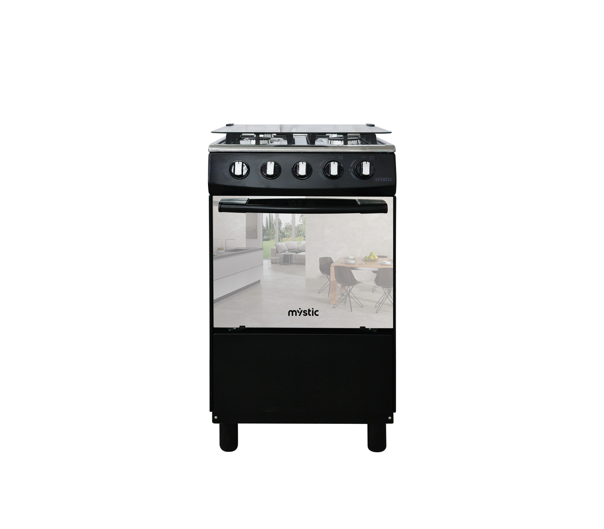 Cocina a gas agata plus 4 hornillas con tapa de vidrio parrilla gruesa negra Mystic