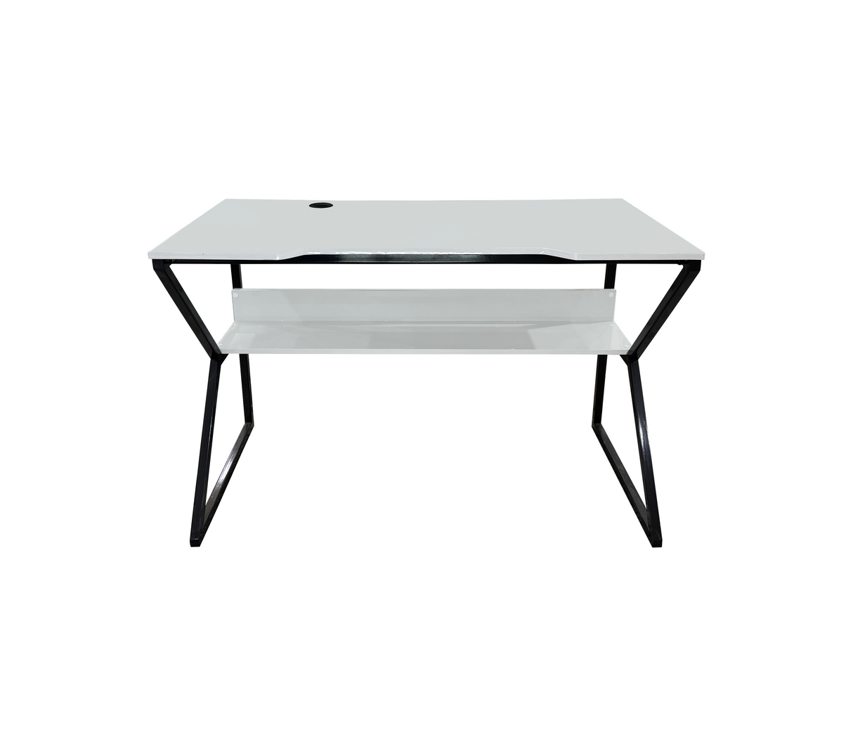 Mesa de computadora en base de metal c/tope en melamina gris claro alto brillo Powerfik