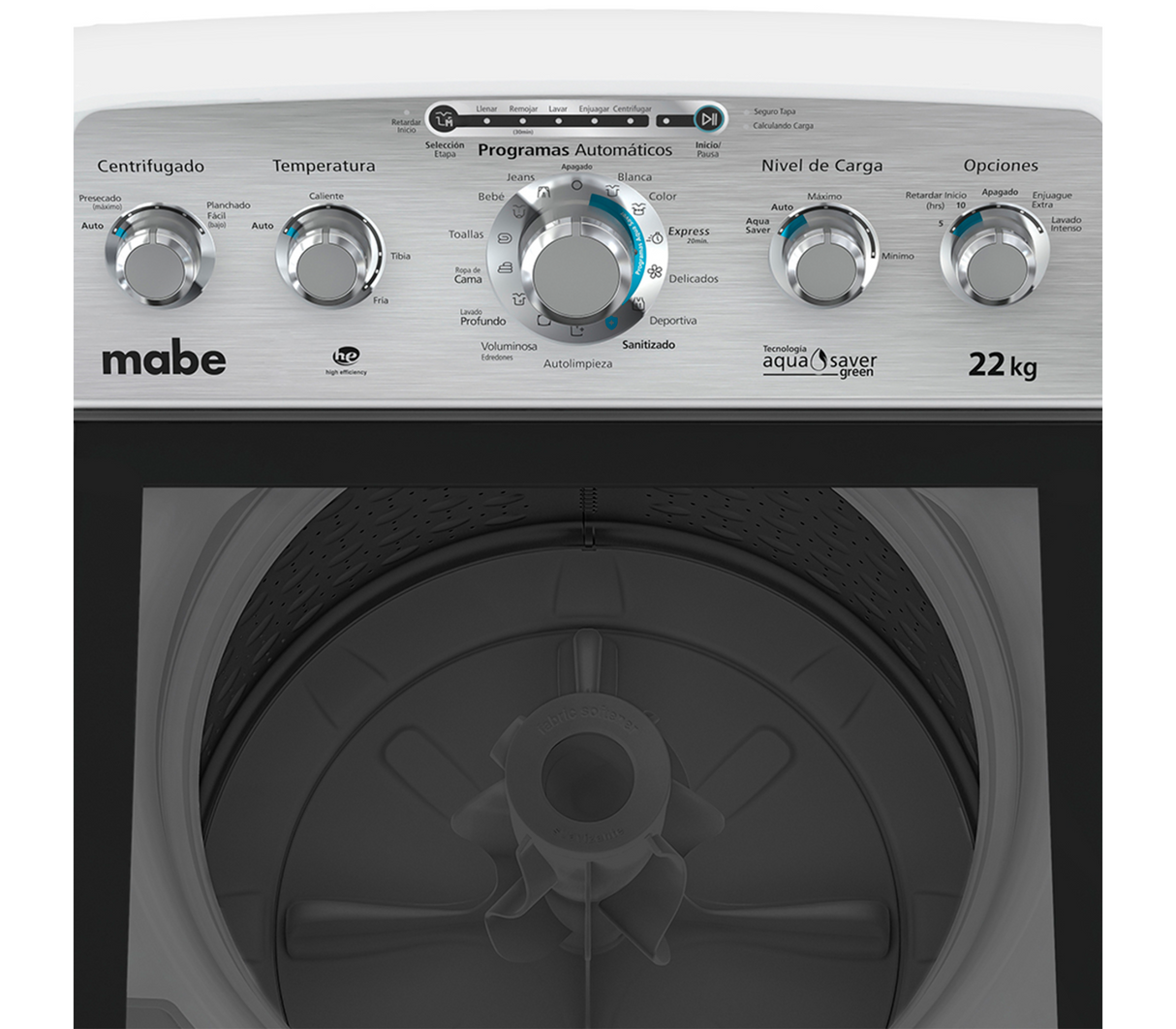 Lavadora automática 22 kg 5 perillas + botón blanca Mabe