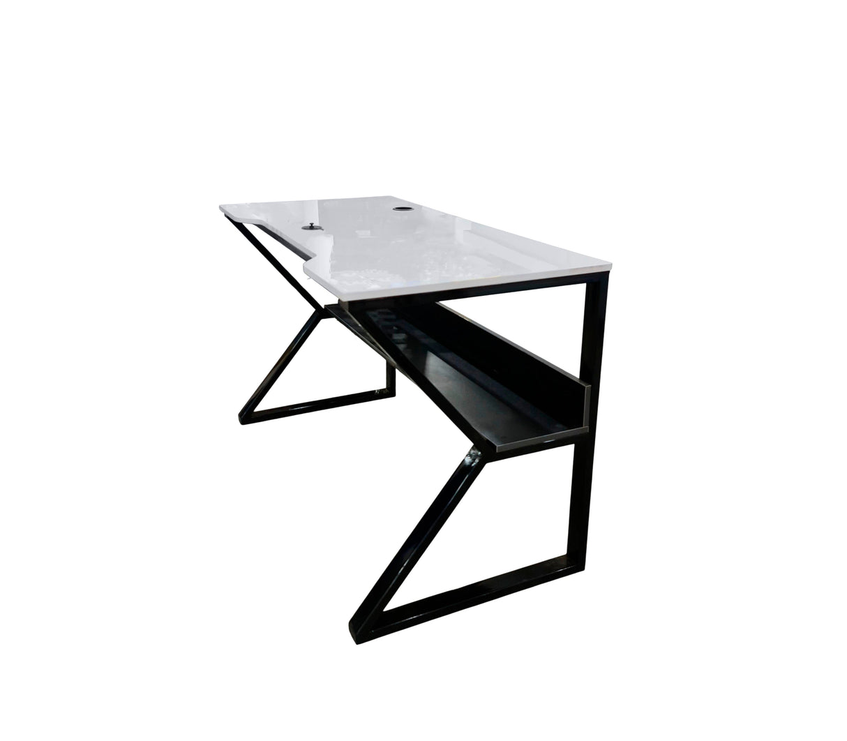 Mesa de computadora en base de metal con tope en melamina gris oscuro alto brillo Powerfik