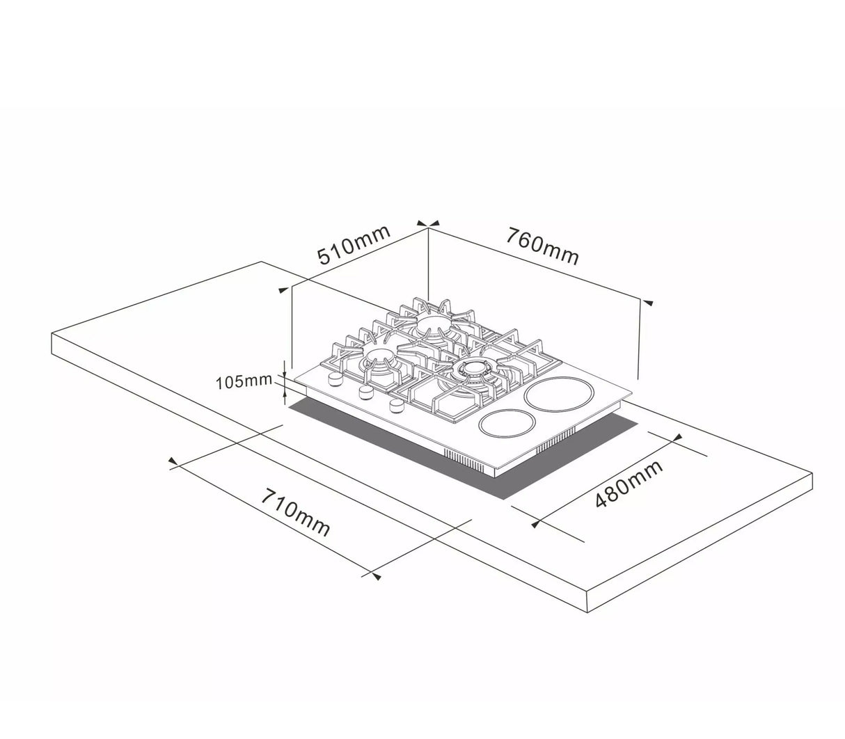 Tope de cocina dual gas/eléctrico 5 hornillas 76cm (36") 220v negro Flexi Vetrux