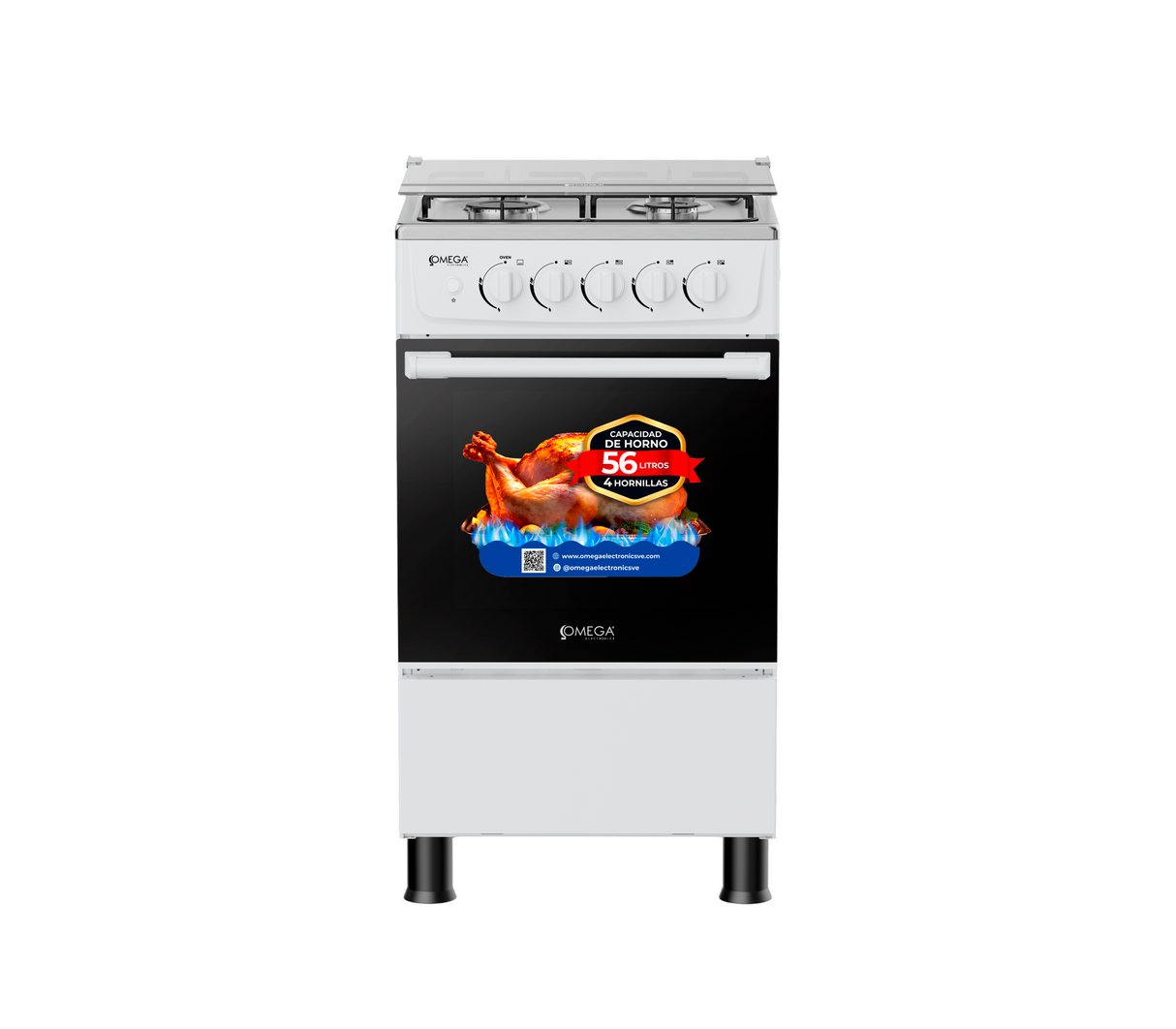Cocina a gas 4h con tapa de vidrio encendido eléctrico blanca Omega Electronics