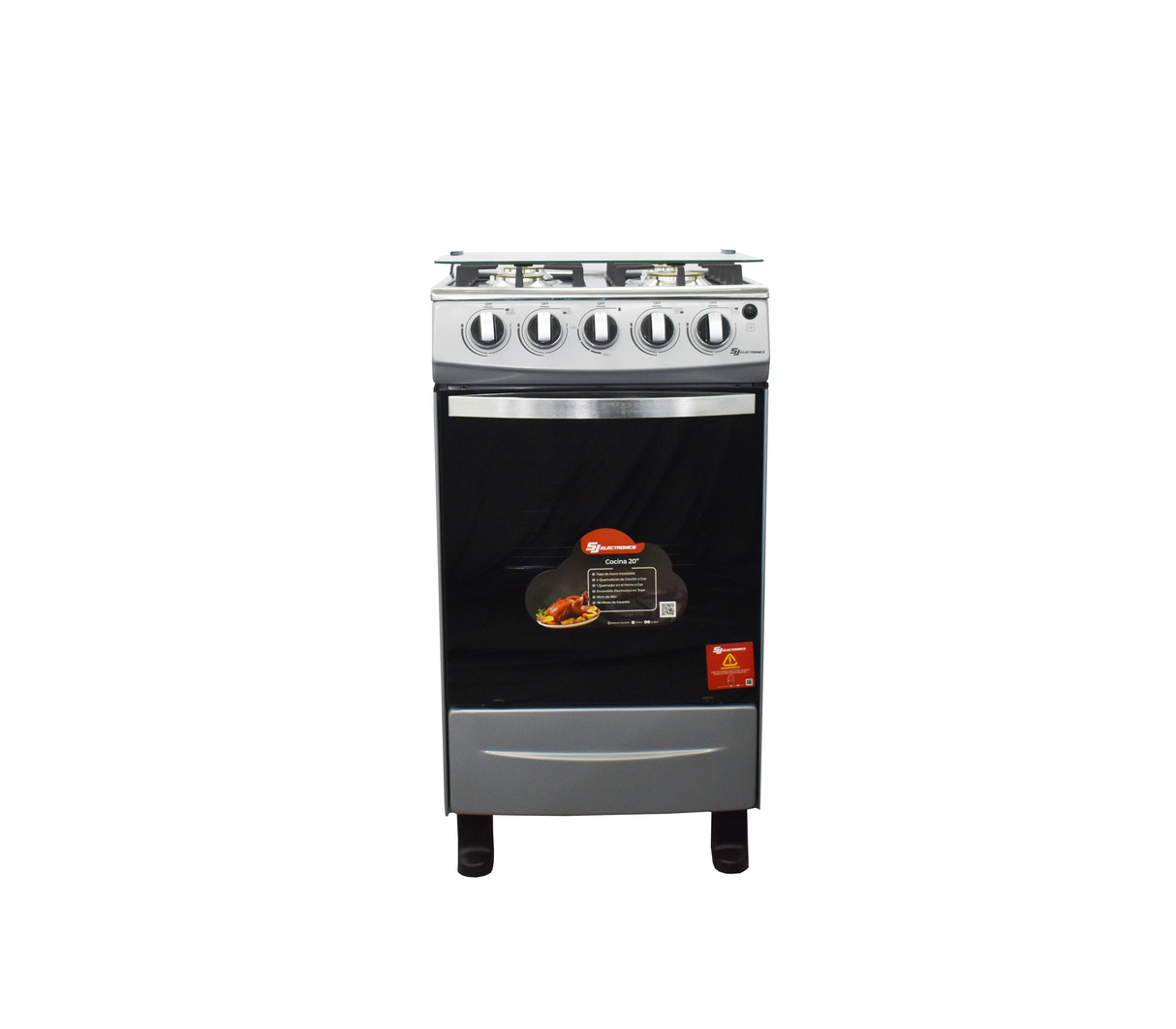 Cocina a gas 20" de piso 4 hornillas horno gris Sj-20G4H Sj Electronics